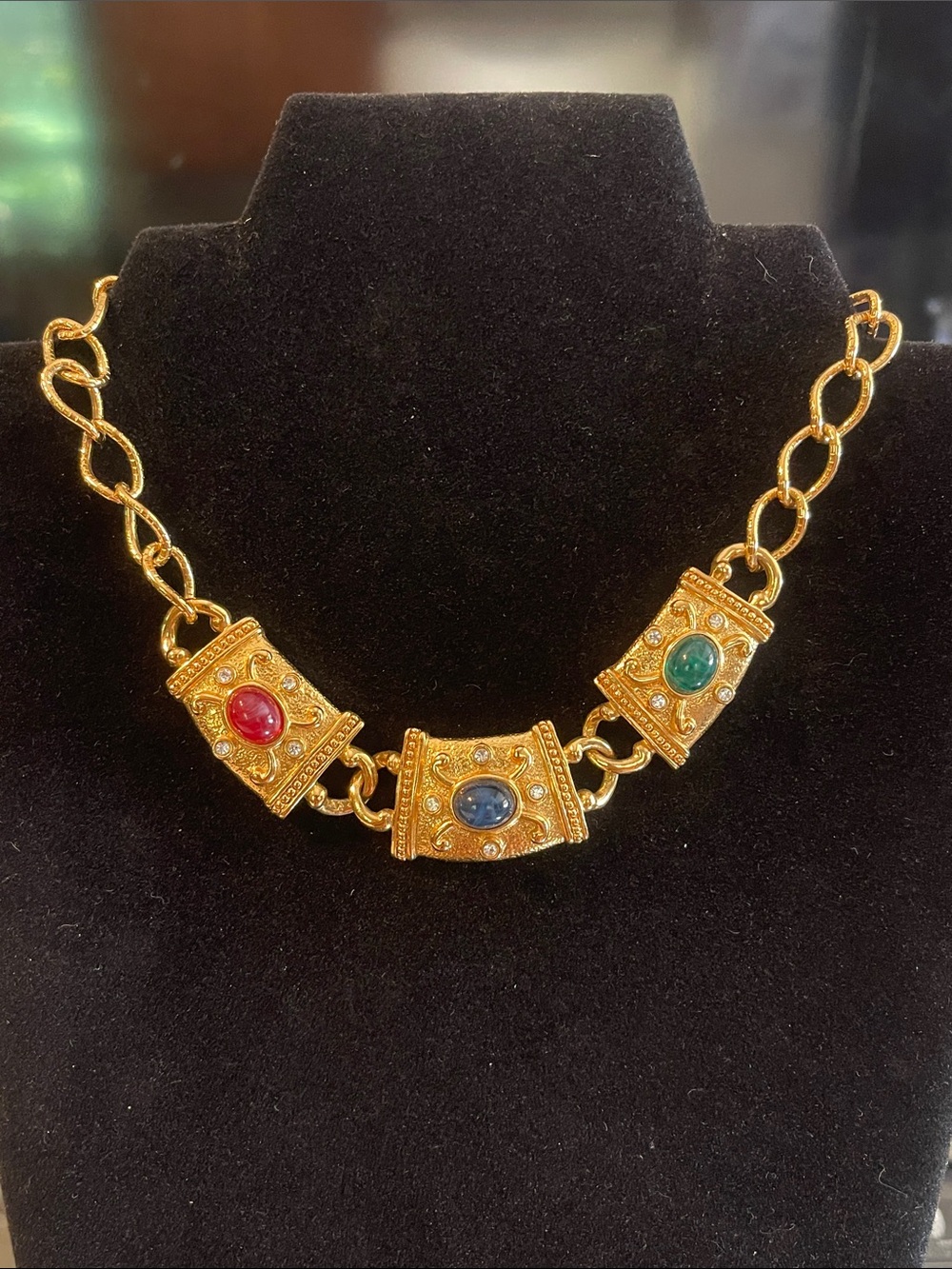 Avon Gold-Tone Three-Panel Necklace with Red, Blue & Green Stones